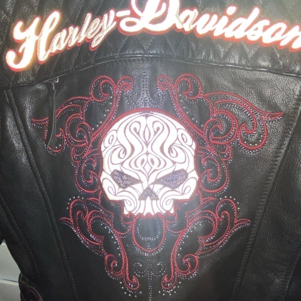 Authentic Women’s Harley Davidson Reflective Willie G Skull Leather Jack NWOT XS - Picture 4 of 11